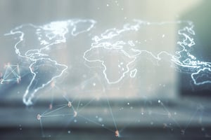 Double exposure of abstract digital world map on modern business