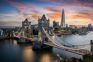 Tower Bridge and skyline of London UK