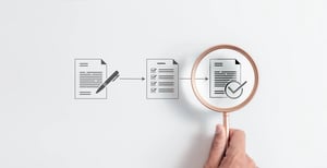 Magnifying glass focus to Approve document icon on white background for business process workflow