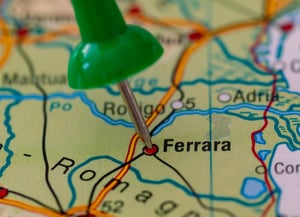The city of Ferrera marked with a pin on a map.